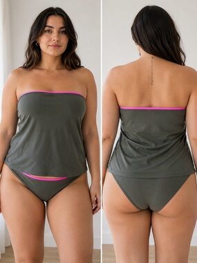 Ivanka Trump Olive Green Pink Trim Bandeau Tankini Swimsuit Set Women’s XL